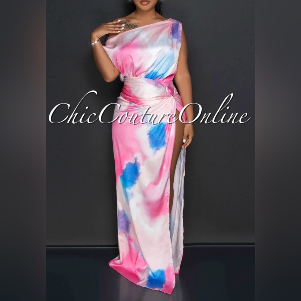 Pink and Blue Asymmetrical One Shoulder Gown